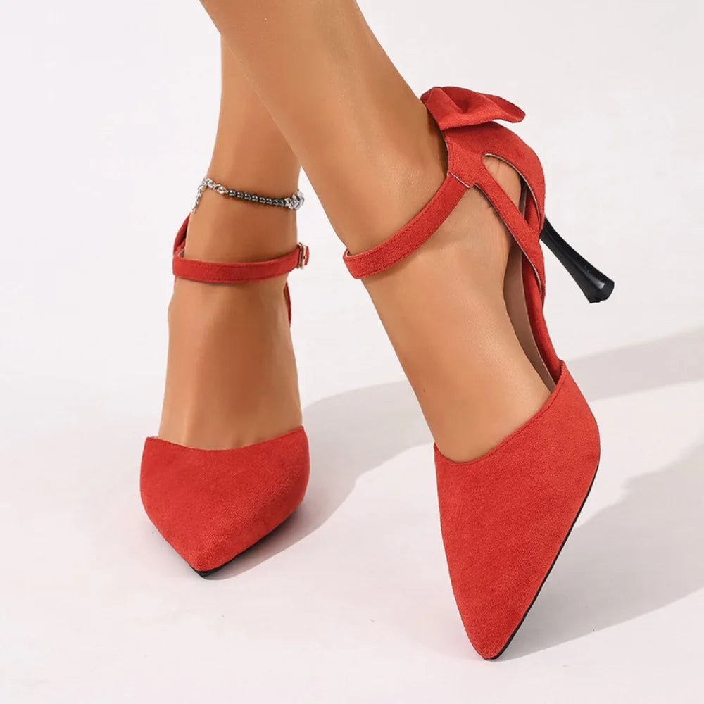 Flock Suede Female Sandals For Women Pointed Toe Stiletto Heel Buckle Strap Butterfly Knot OL Single Shoes Big Size 34-45 Sexy