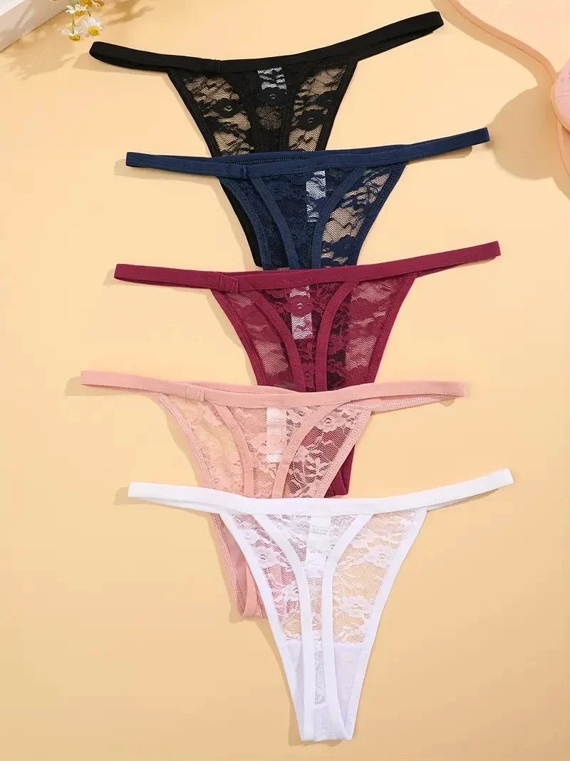 5PCS Sexy Lace Cotton Floral G-String Transparent Thong Seamless Women Low Waist Panties Underwear Solid Color Lingere Intimates