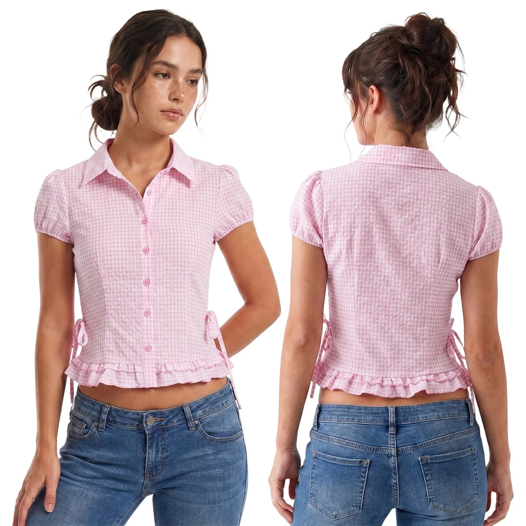Women Plaid Shirts Button Down Puff Short Sleeve Lapel Neck Tops Fashion Slim Fit Ruffle Trim Blouses Summer