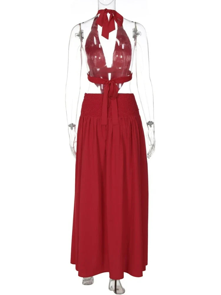 FDYOUI Sexy Halter Neck Backless Wedding Party Dress Women 2026 Summer Hollow Out Lace-up Long Maxi Evening Dresses Red Gowns