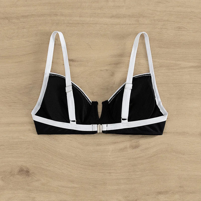 Sexy Black White Patchwork Bikini 2024 Women Halter V Underwire Push Up Micro Swimsuit Beach Bathing Suit High Waist Swimwear