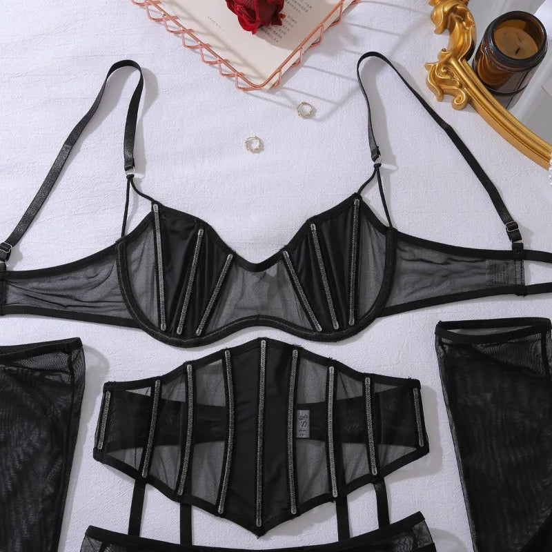 Toucheart Erotic Lingerie black Thin model see-through mesh Patchwork Body shaping gather together pure desire 5PCS with Gloves