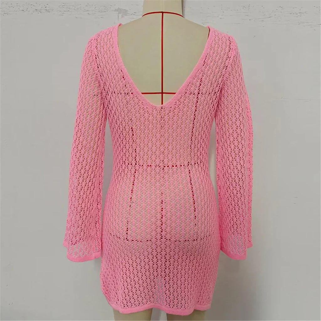 V Neck Long Sleeve Hollow Out Crochet Knitted Tunic Beach Cover Up Cover-ups Beach Dress Beach Wear Beachwear Female Women V7643