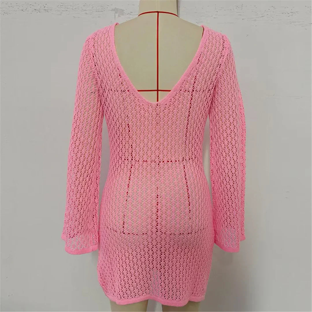 V Neck Long Sleeve Hollow Out Crochet Knitted Tunic Beach Cover Up Cover-ups Beach Dress Beach Wear Beachwear Female Women V7643