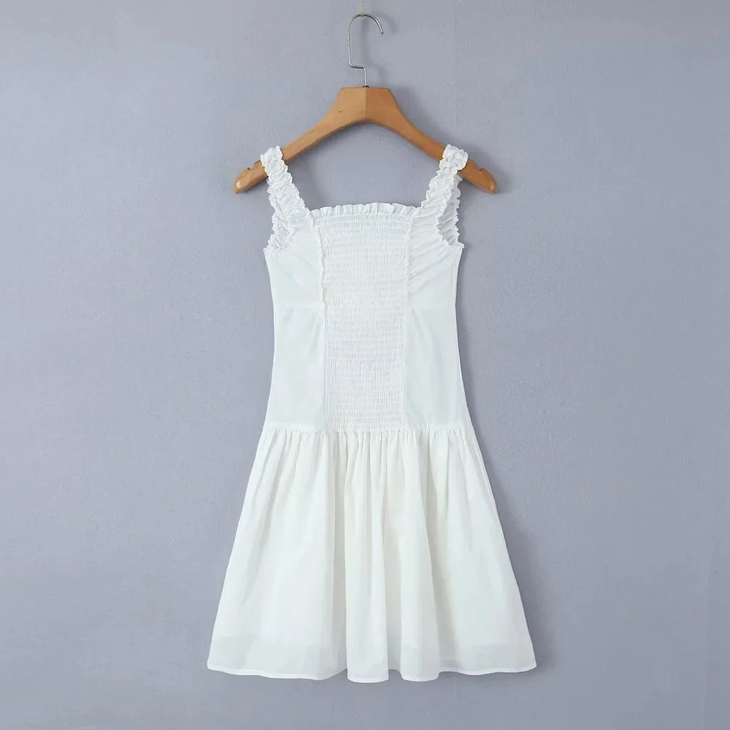 Foridol Bowknot Smocked White Short Dress Women Summer Cotton Mini Sleeveless Tank Sundress Beach Chic Buttons Dress for Petite