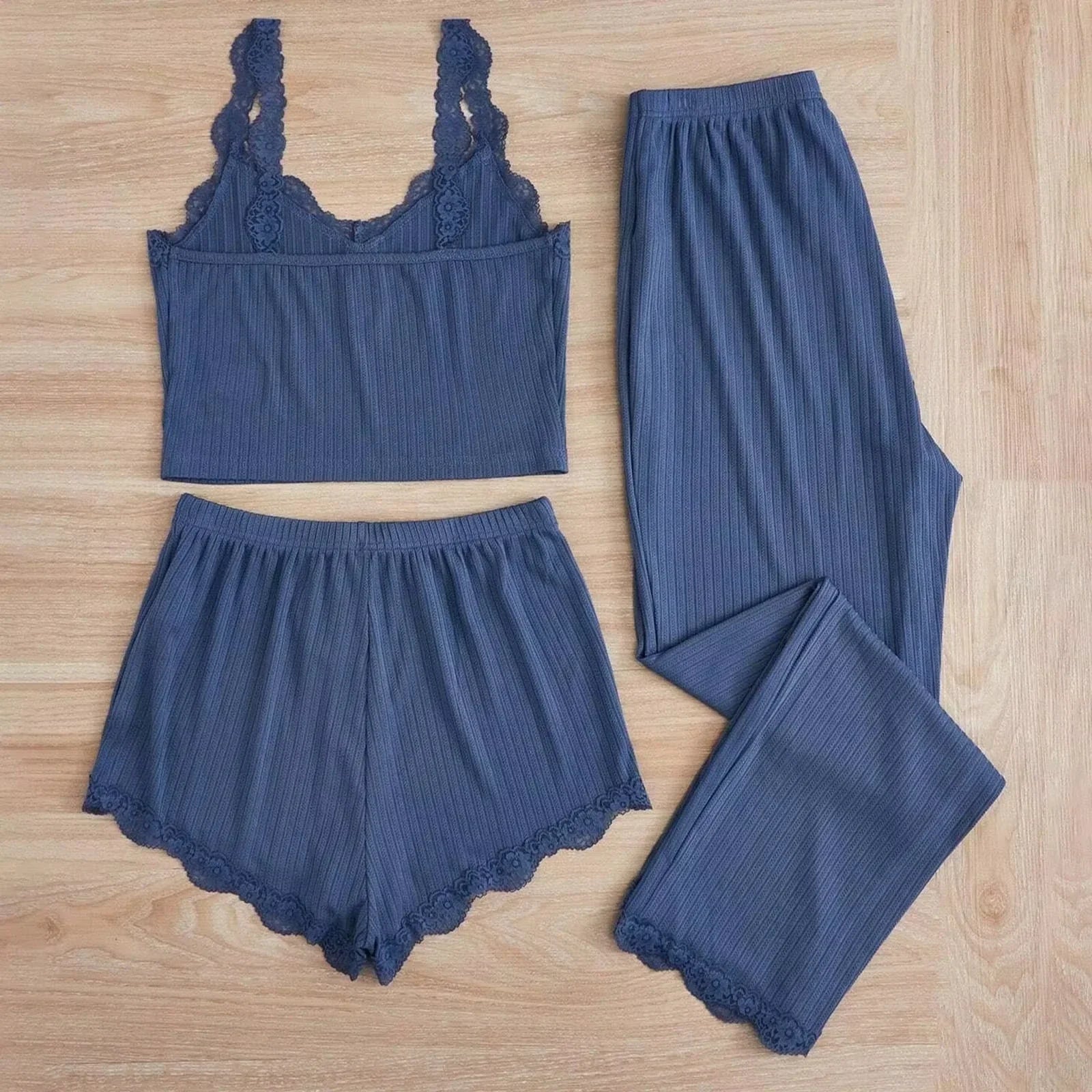 3PCS Pajamas Set for Women Sleepwear Solid Vest Shorts and Pants Paired with Lace Splicing for Homewear Loungewear