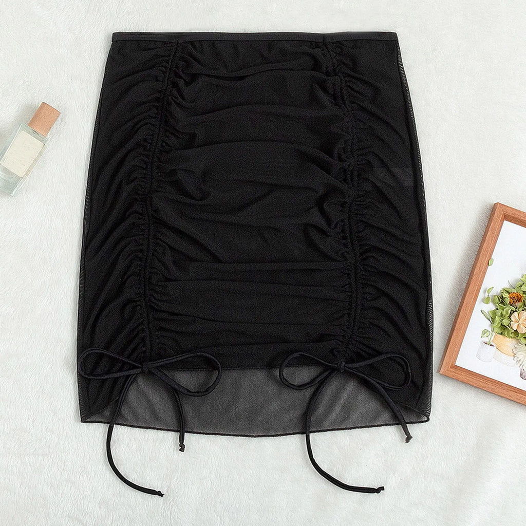 Mesh Sheer Beach Cover Up Skirt Women Ruffle Ruched Swim Skirt With Drawstring Bathing Suit Bikini Beach Dress Sarong Beachwear