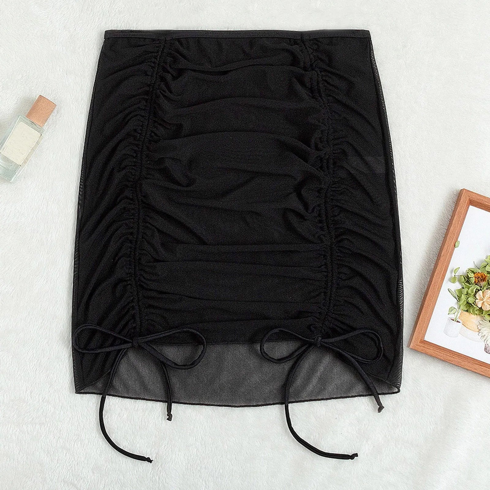 Mesh Sheer Beach Cover Up Skirt Women Ruffle Ruched Swim Skirt With Drawstring Bathing Suit Bikini Beach Dress Sarong Beachwear