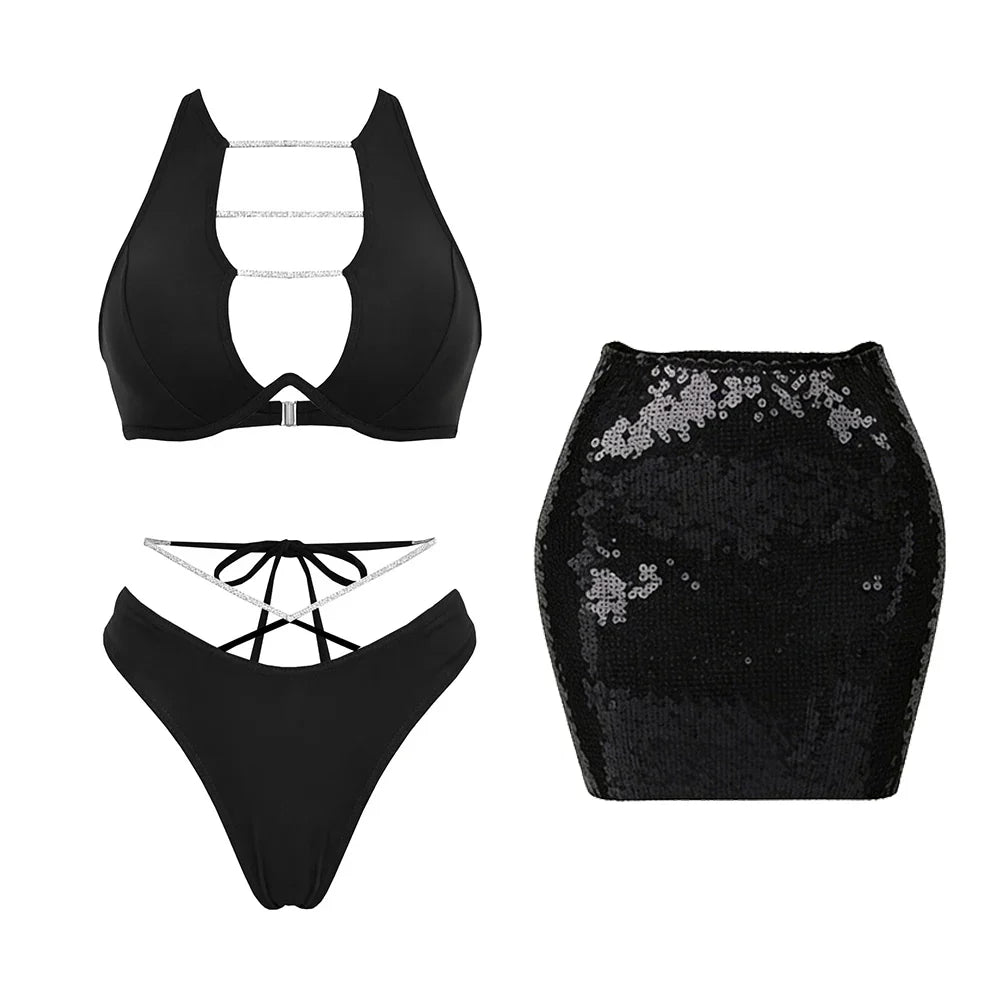 Chic Bandage Bikini With Shiny Short Skirt Women 3Pcs Swimsuit Sexy Cut Out Biquini Lady Swimwear Bathing Suit Female Beachwear