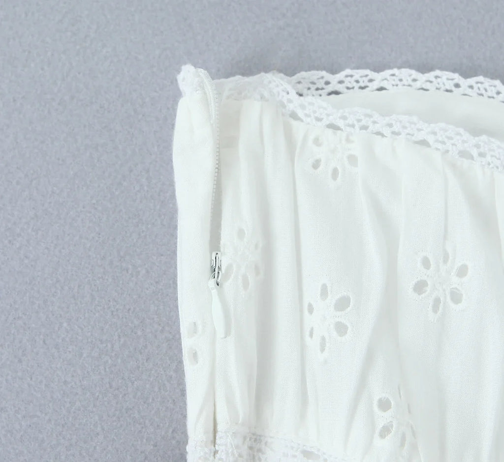 Foridol White Cotton Summer Women's Dress 2025 Off Shoulder Strapless Mini Beach Dress Casual Flower Embroidery Drawstring Dress