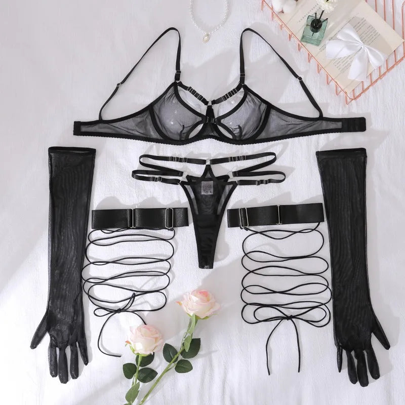 Toucheart Sexy Mesh Lingerie Split Kit with Gloves Steel Ring Laceup Patchwork Skinny See-through Hollow Interesting Private Set