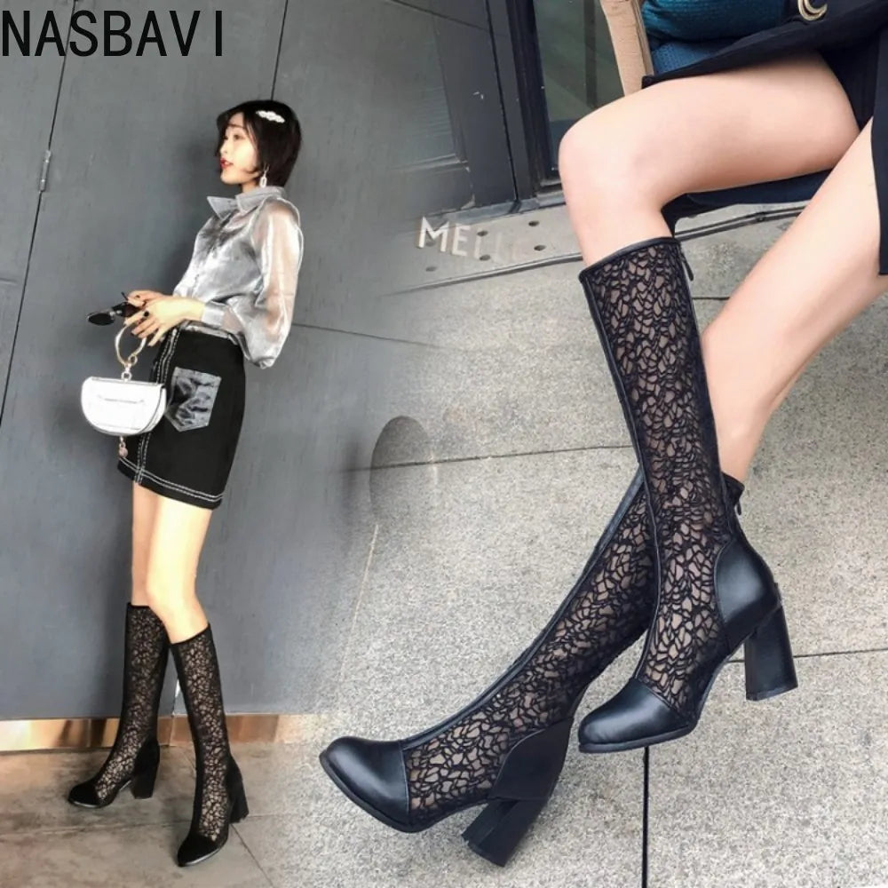 Sexy Women Knee High Boots Square Heel Punk Lace Mesh Boots Gladiator Cool Boots Breathable Women's Sandals Botas De Mujer New