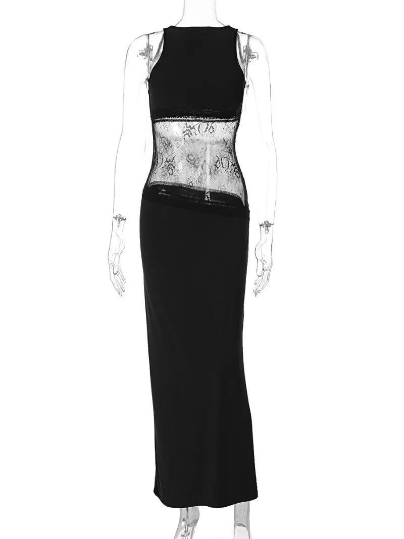Woman's Elegant Sleeveless Lace Patchwork Evening Dress Black High Street O-neck Backless Hollow Out Slim Long Party Dresses