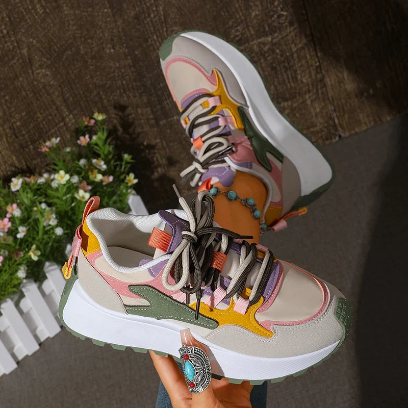 New Mixed Color Chunky Platform Sneakers Women 2026 Fashion Lace Up Thick Bottom Vulcanized Shoes Woman Non Slip Old Dad Shoes