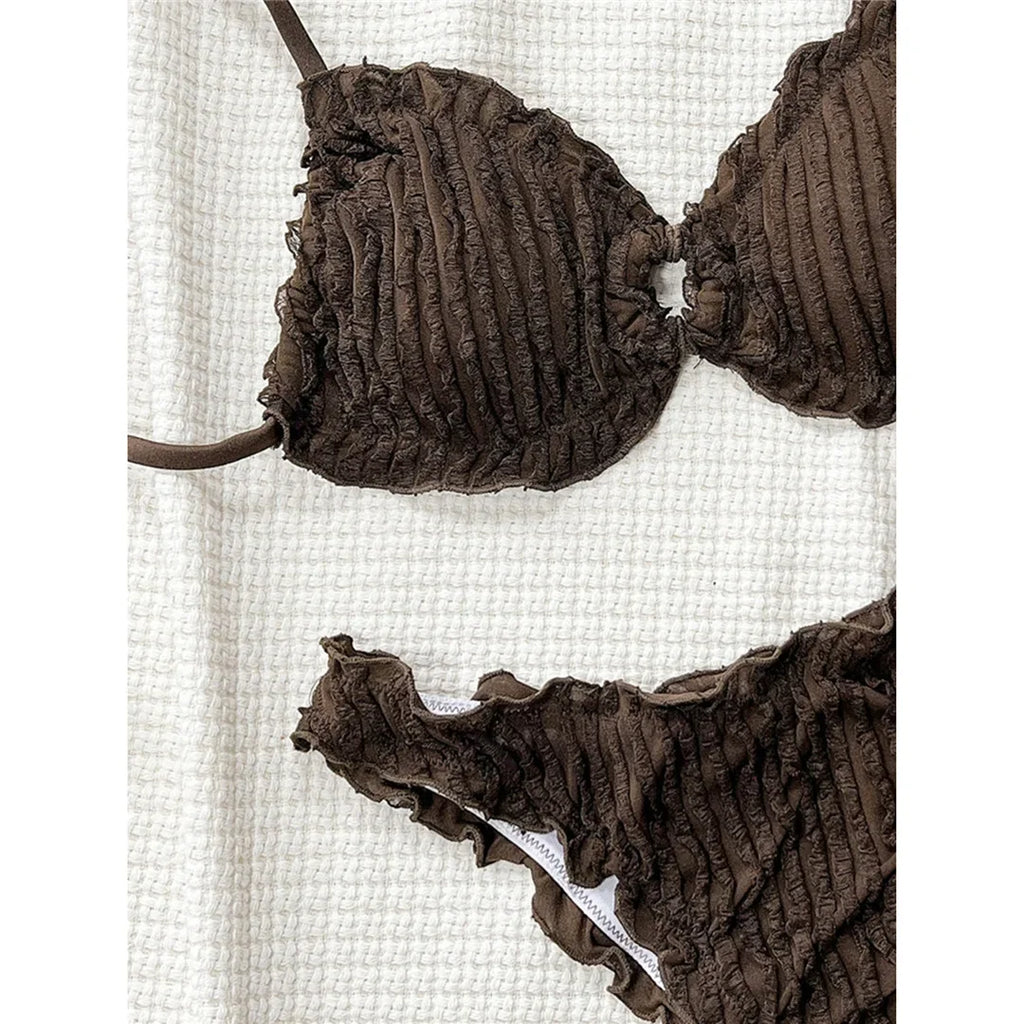 Wrinkled Crinkled Frilled Bikini Female Swimsuit Women Swimwear Two-pieces Bikini set Brazilian Bather Bathing Suit Swim V8053