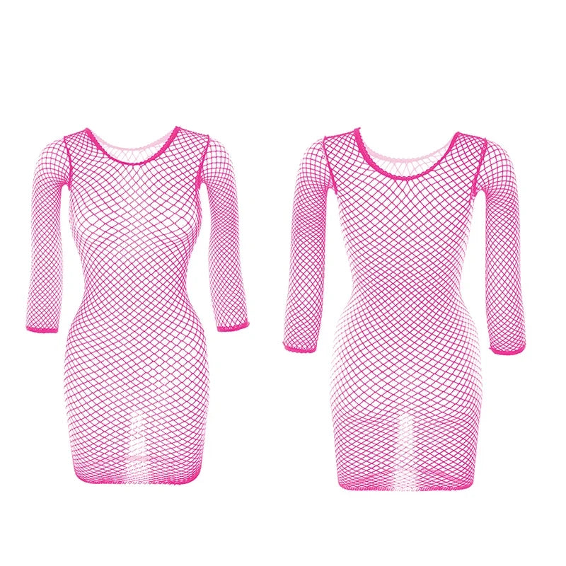 1PC Women Sexy Fishnet Beach Cover Up Long Sleeves Hollow Out Bodycon Dress See Through Summer Swimwear
