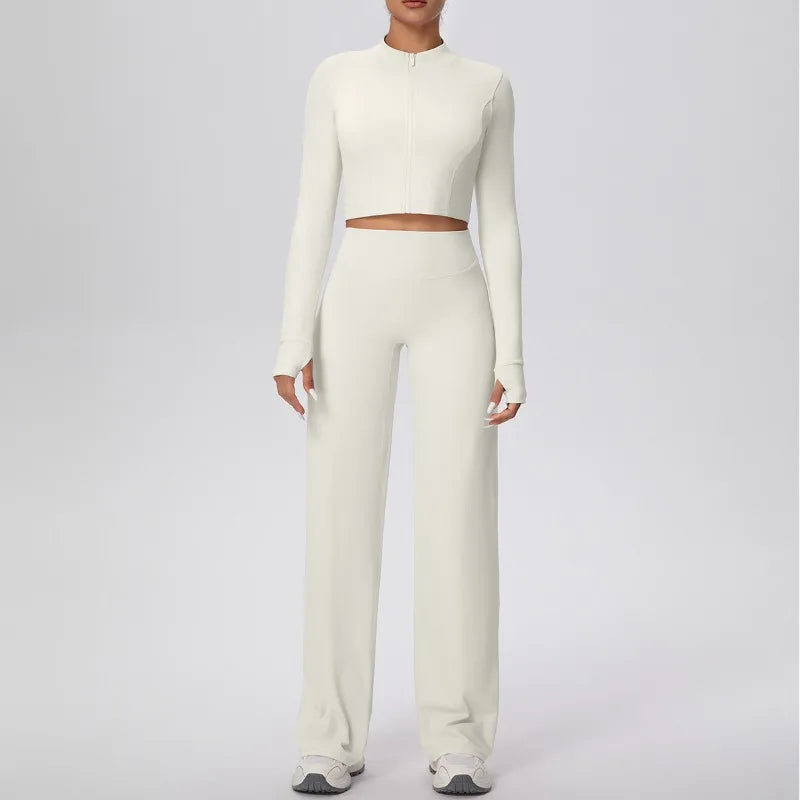 2 Pcs Women's Seamless Yoga Set Long-sleeved Wide-leg Pants Tracksuit Fitness Sports Set High-waisted Hip-lifting Slim-fit Suit