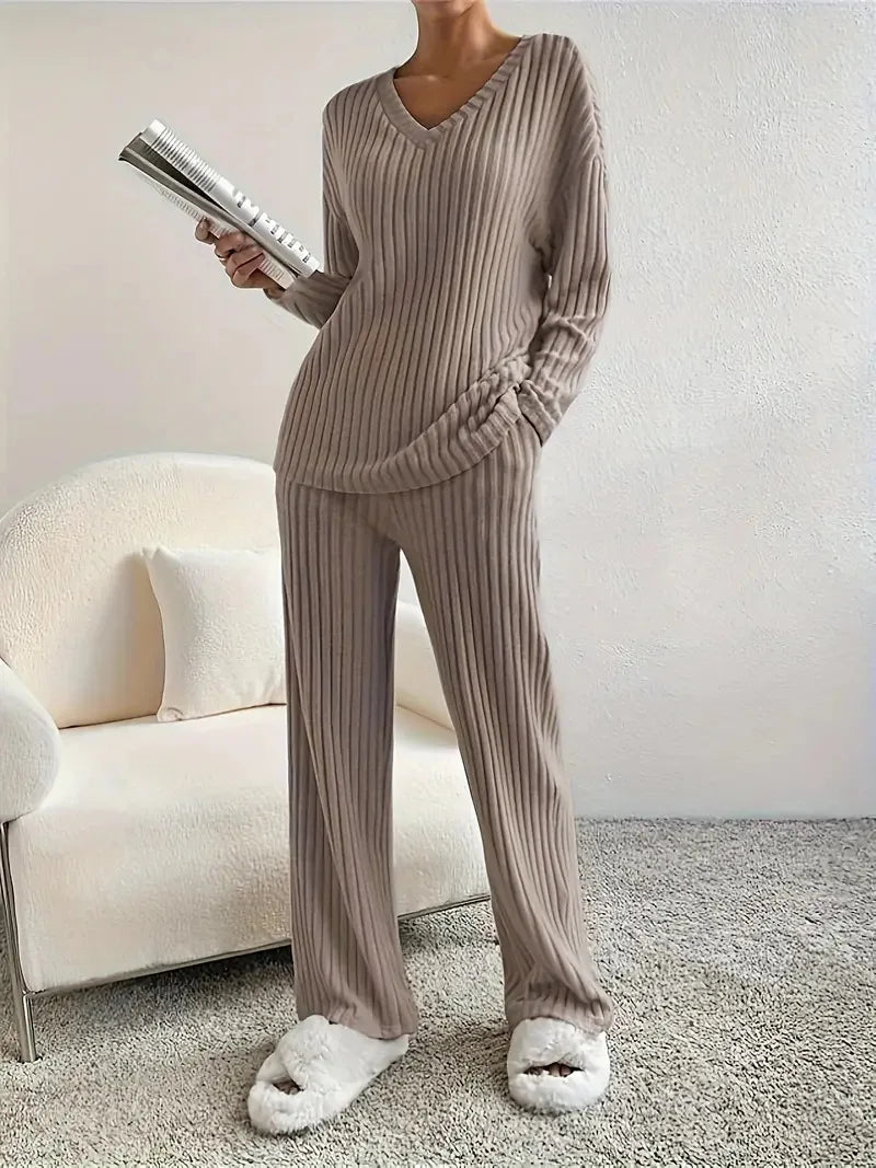 Autumn and Winter Casual V-neck Pocket Striped Knited Tops and Long Trousers Two-piece Sets, Women's Pajamas Set Sleepwear