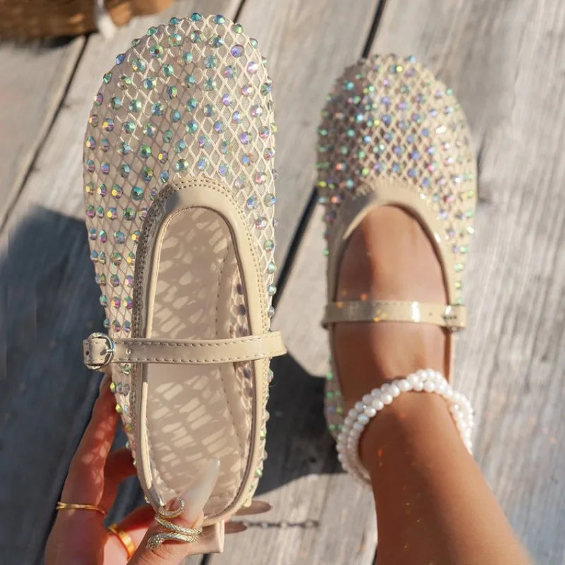 Mesh Breathable Rhinestone Fashion Versatile Women's New Foreign Style Niche Belt Flat Soft Soled Mary Jane Shoes Womens Shoes