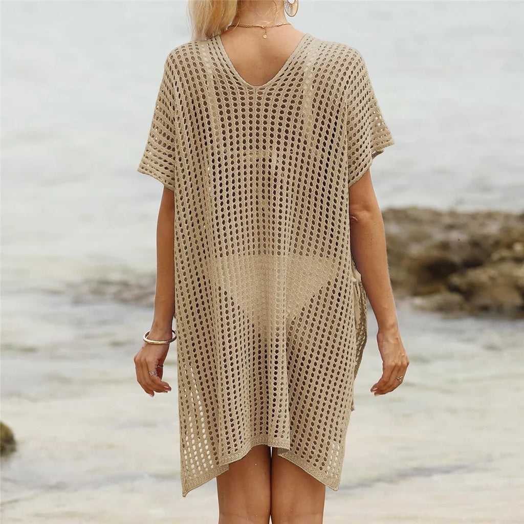 Short Sleeve V Neck Hollow Out Crochet Knitted Tunic Beach Dress Beach Wear Beachwear Beach Cover Up Cover-upsFemale Women V8061