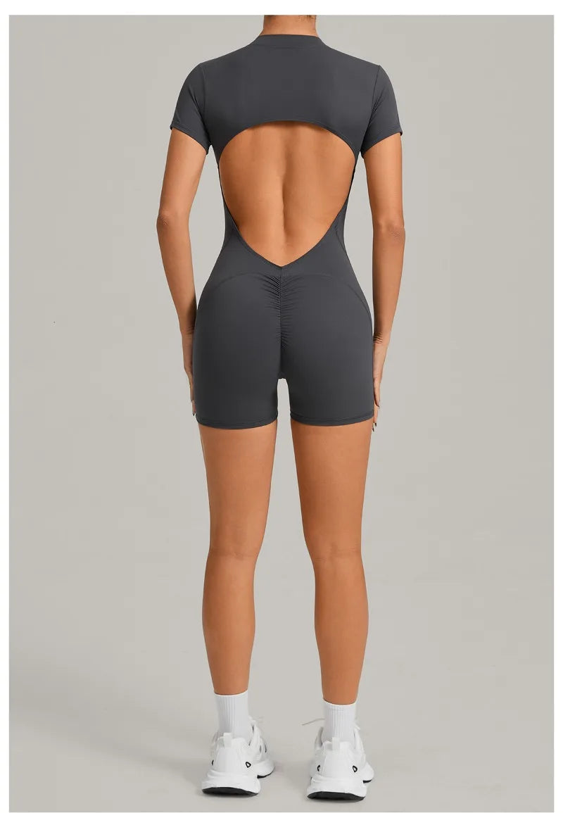 Women's Seamless Yoga Jumpsuits Sports Fitness Beauty Back Slim Fit Short-Sleeves One-Piece Workout Gym Training Bodysuits