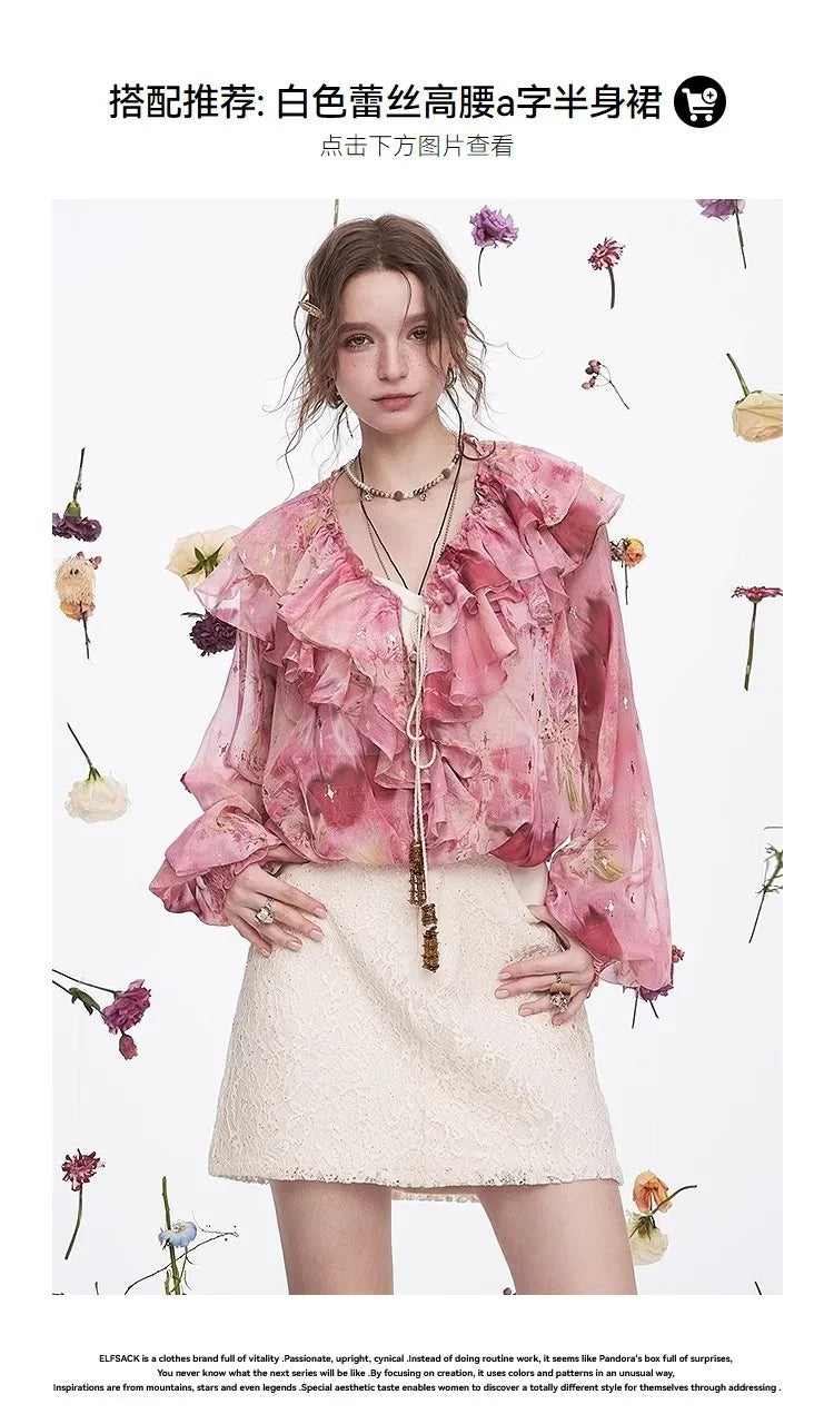 Ladies French ruffled chiffon shirt spring new temperament top
