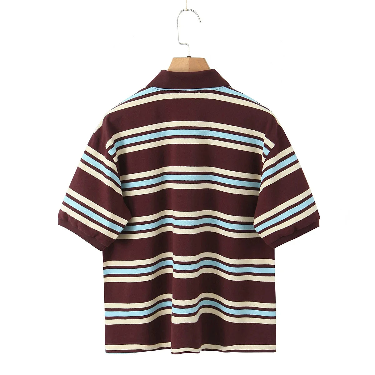 Foridol Burgundy Striped Casual Women T-shirt Summer Loose Polo Shirts Buttons New Female Tops Blouse White Tops Spring Shirt