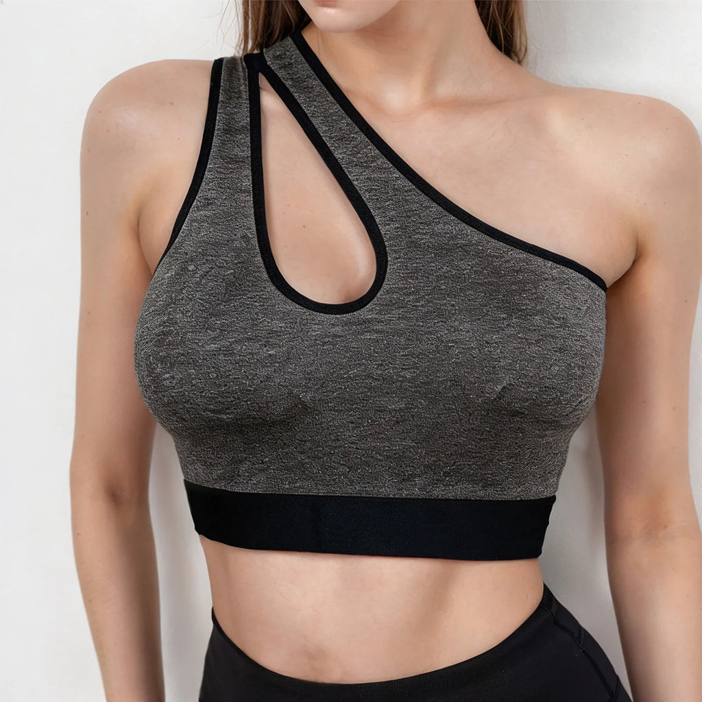 Women Sports Bra Asymmetric One Shoulder Hollow Out Design Yoga Bralette Seamless Breathable Workout Underwear For Gym Running