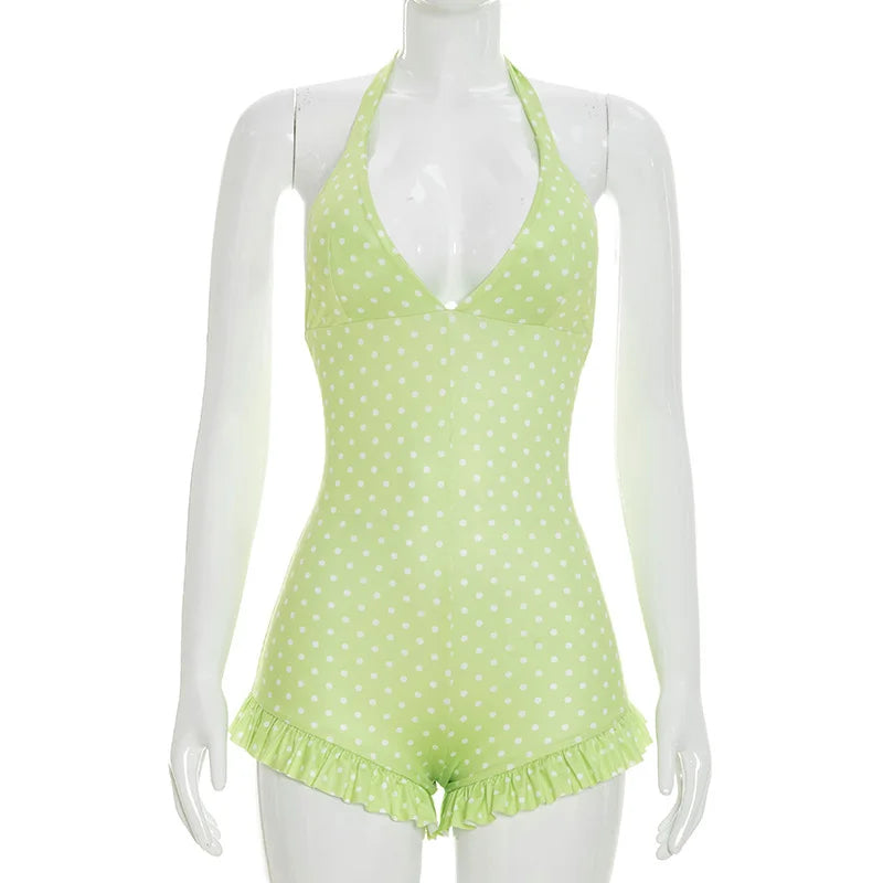 Women Halter Shorts Jumpsuits Summer Polka Dot Print V-Neck Backless Bodysuits Casual Sleeveless Rompers Club Streetwear