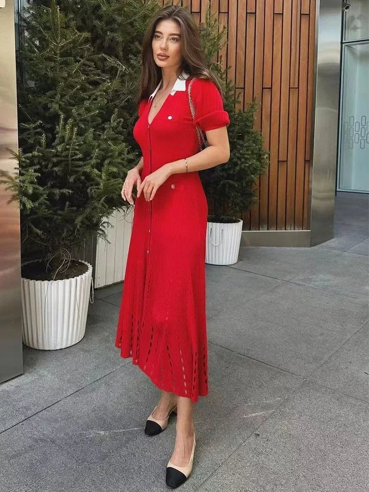 Foridol Red Knitted Polo Dress Autumn Winter Women Dress Casual Elegant Maxi A-line Hollow Out  Dress Slim Christmas Party