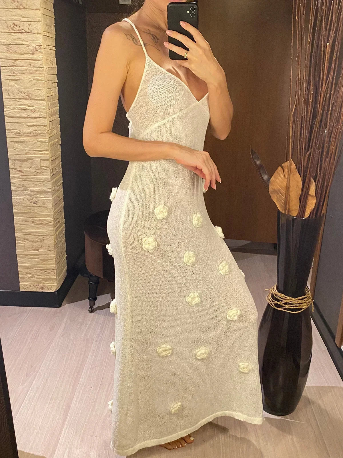 Elegant 3d Flower Knitted Dresses For Women V-neck Backless Sleeveless Lace Up Female Maxi Dress Summer Lady Beach Dress V6211