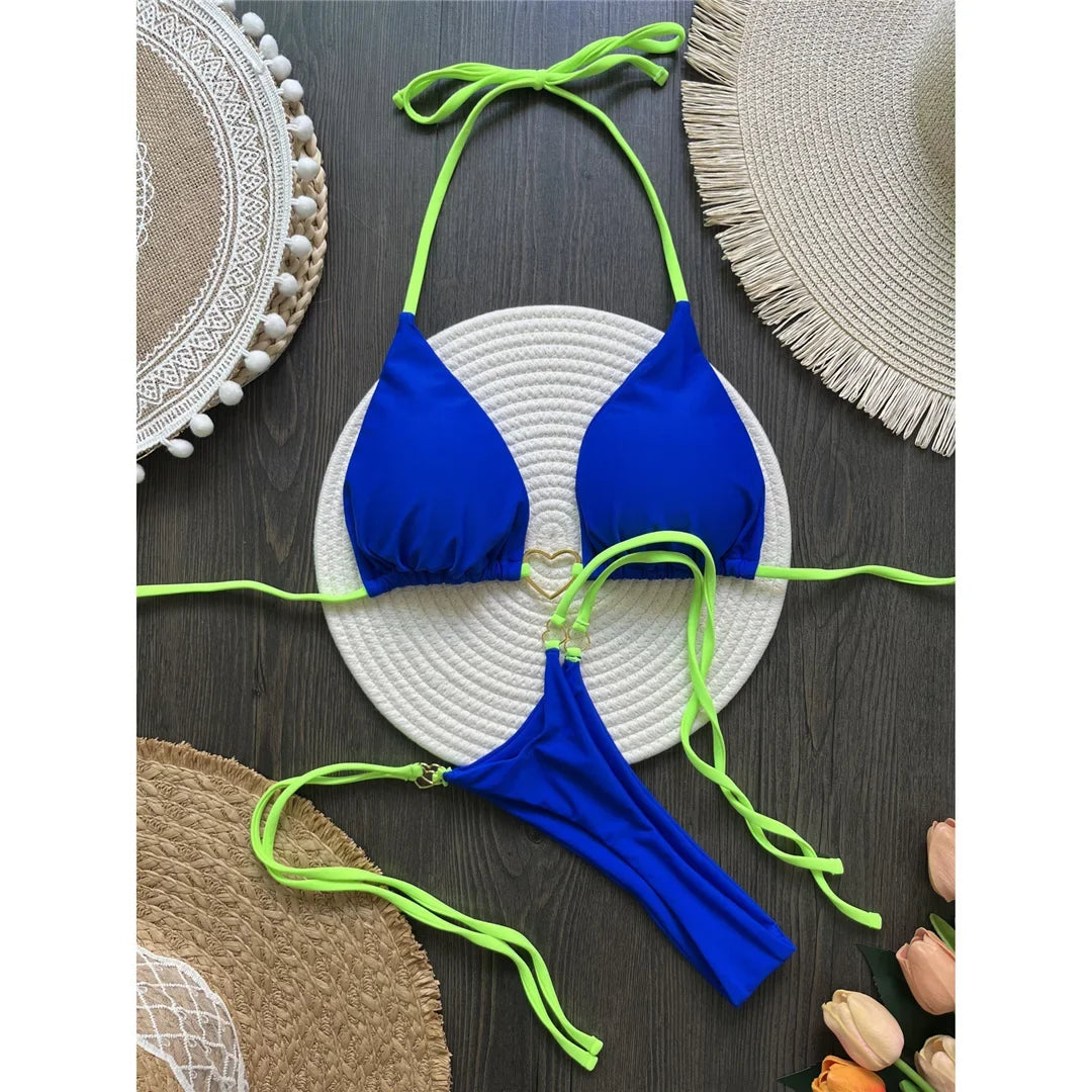 Splicing Halter Mini Thong High Cut Bikini Women Swimwear Female Swimsuit Two-Pieces Bikini Set Bather Bathing Suit Swim V6071