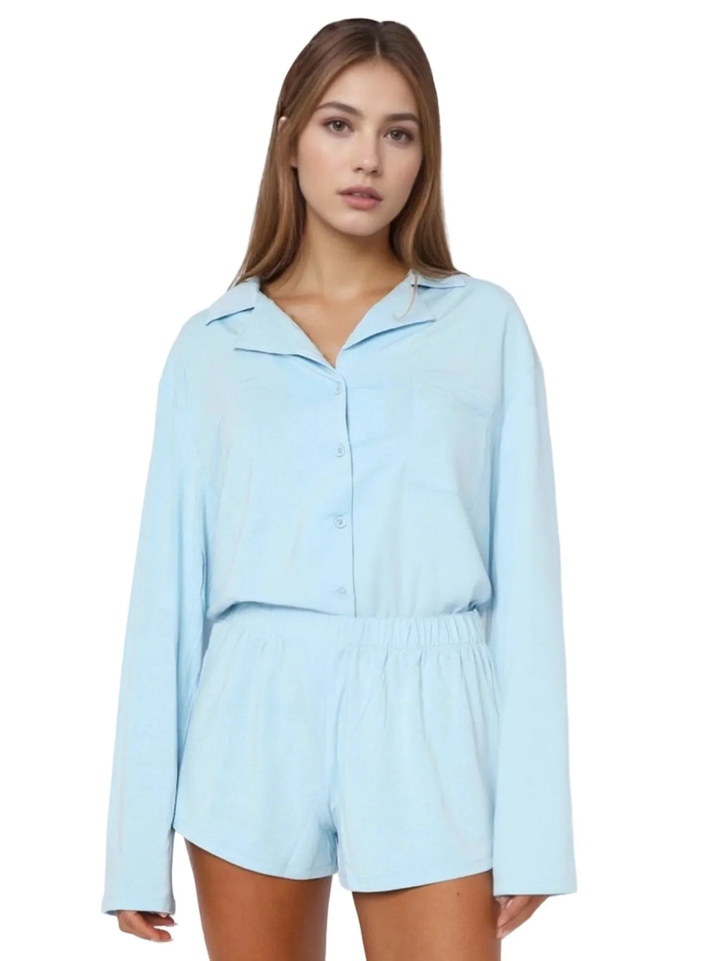 Women Fall 2 Piece Pajamas Set Solid Color Button up Long Sleeves Shirt and Elastic Shorts for Loungewear Soft Sleepwear