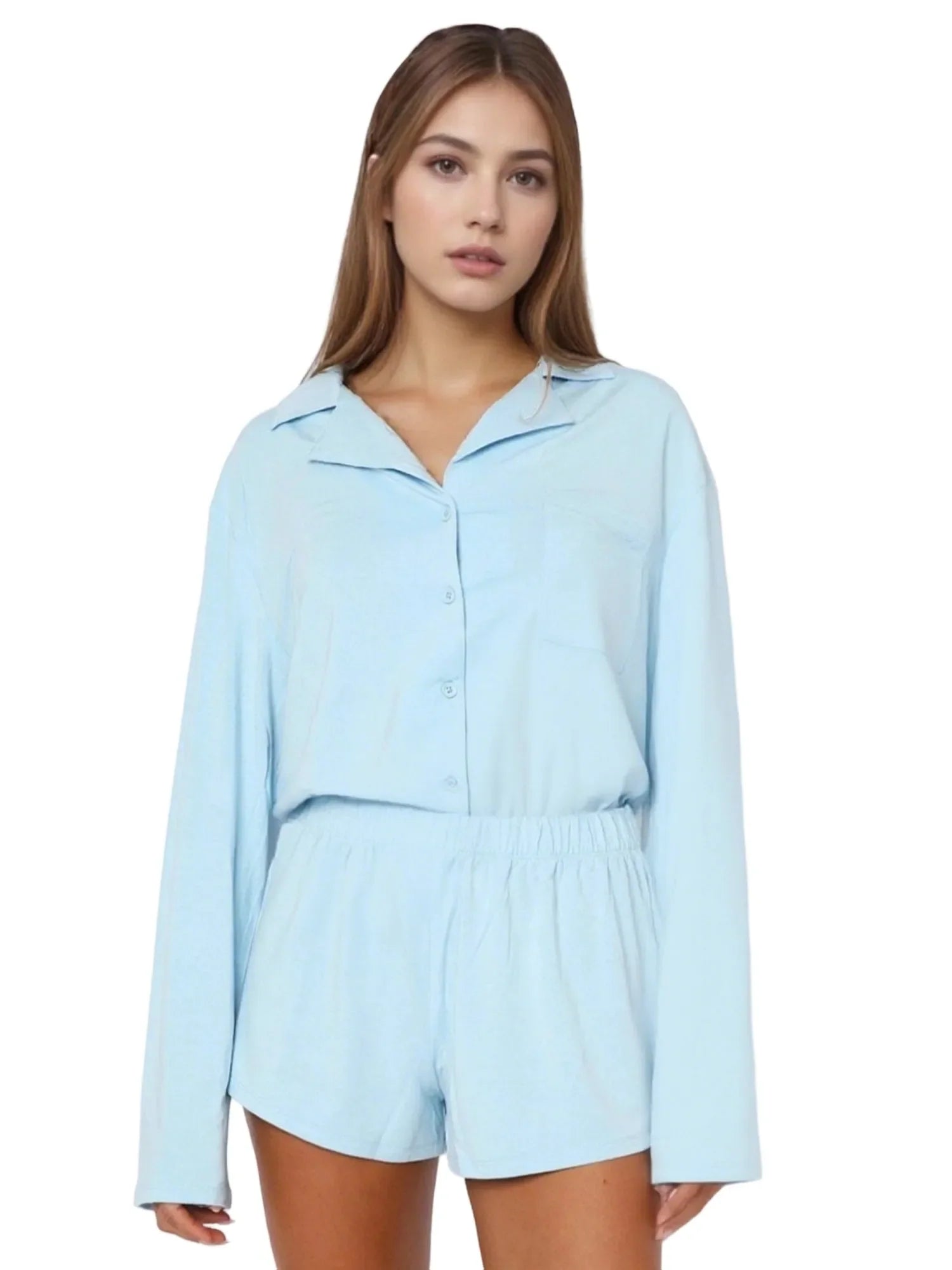 Women Fall 2 Piece Pajamas Set Solid Color Button up Long Sleeves Shirt and Elastic Shorts for Loungewear Soft Sleepwear