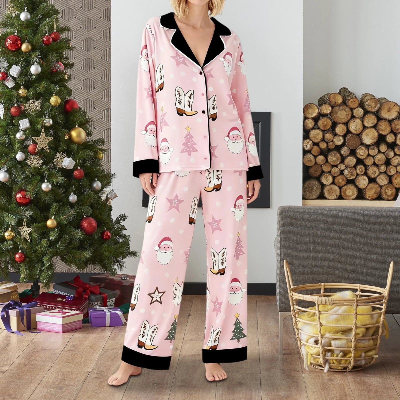 Women's Christmas Pajamas Set Long Sleeve V Neck Stocking Tree Print Tops and Pants Lounge Wear Two Pieces Suits