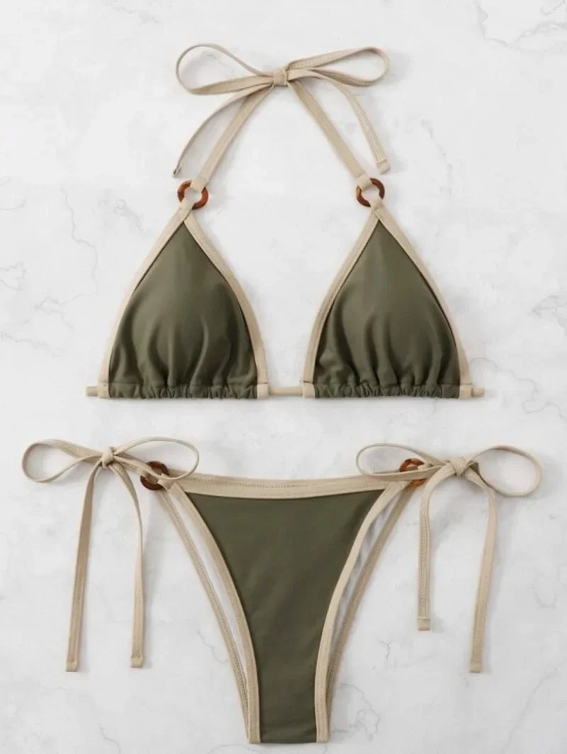 Women Green Halter Micro Ring String Bikini Sets Two Pieces Tie Thong Swimsuit Swimwear Bathing Suit Beach Outfits Biquini