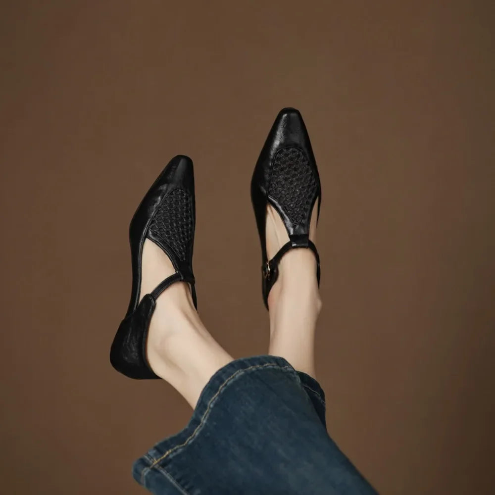 New Design Women T-Strap Sandals Square Toe Flats Buckle Breathable Mesh Casual Soft Leather Daily OL Shoes Plus Size 41 42 43