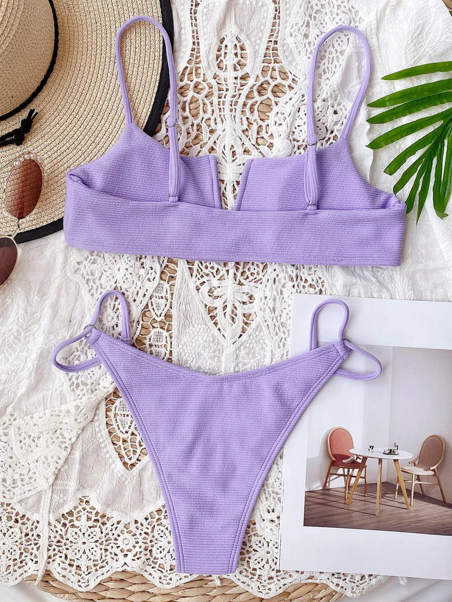 Ribbed Polka Dot Bikinis V-Bar Underwired Bikini Women Swimwear Female Swimsuit Two Pieces Bikini Set High Cut Bathing Suit Swim