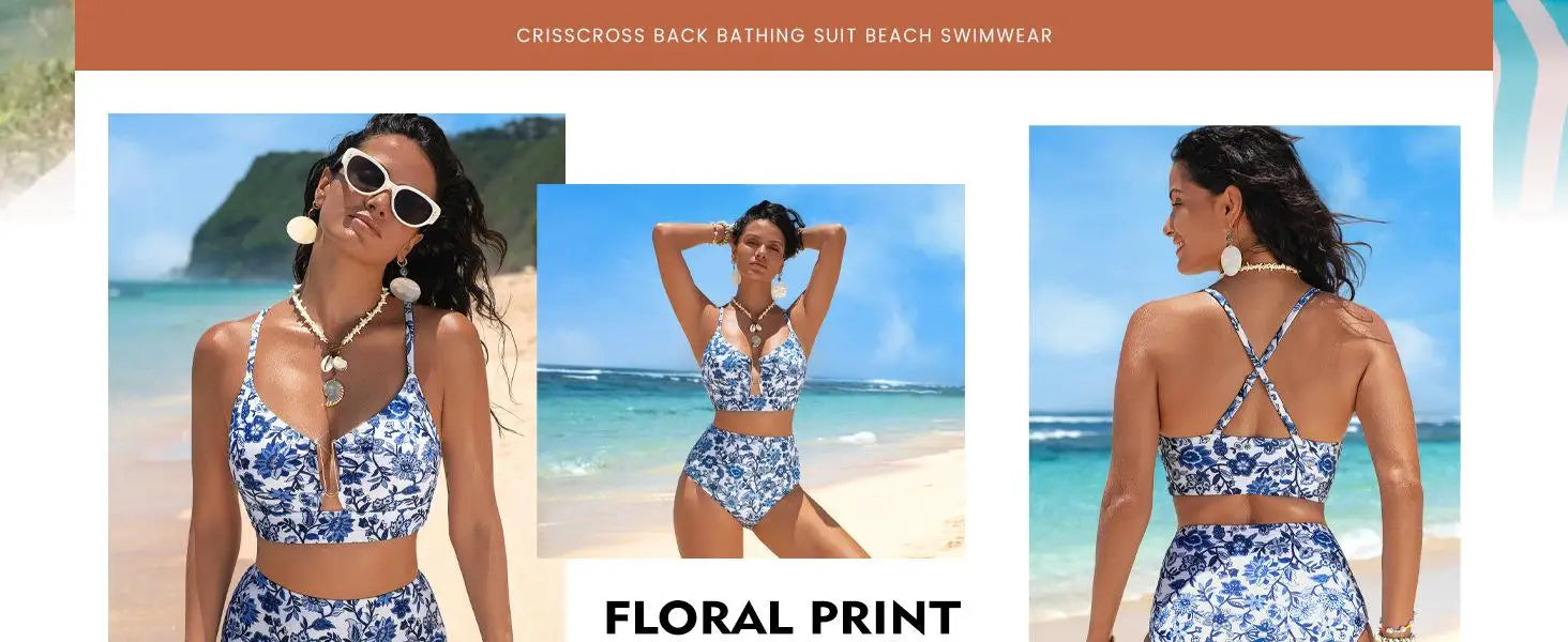 Women Sexy Floral Bikini High Waist Tummy Control Floral Bikini U Line Cross Back Padded Bikini Two Piece Beach Swimsuit