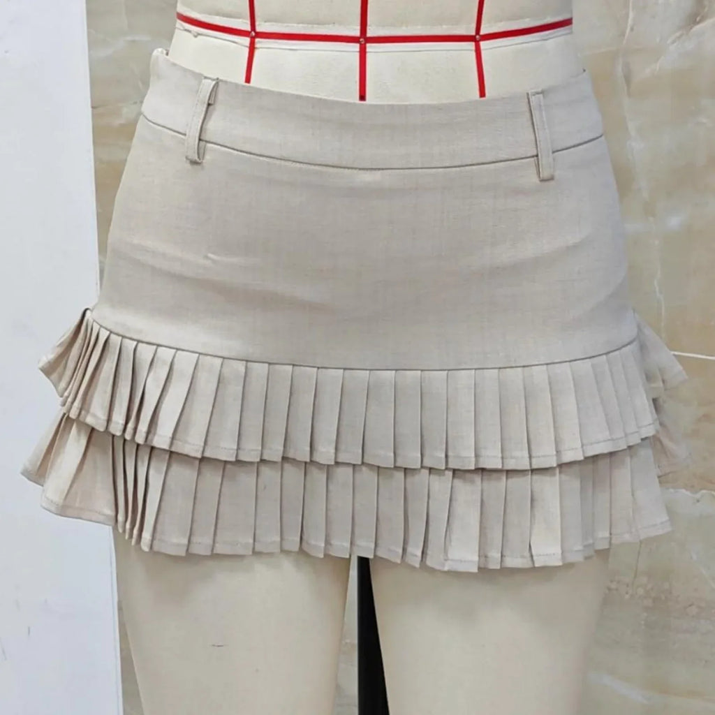 Pleated Mini Skirt for Women Summer Versatile Double Layered Hem Decorative Belt Short Skirts Trendy Mini Skirts for Daily Wear