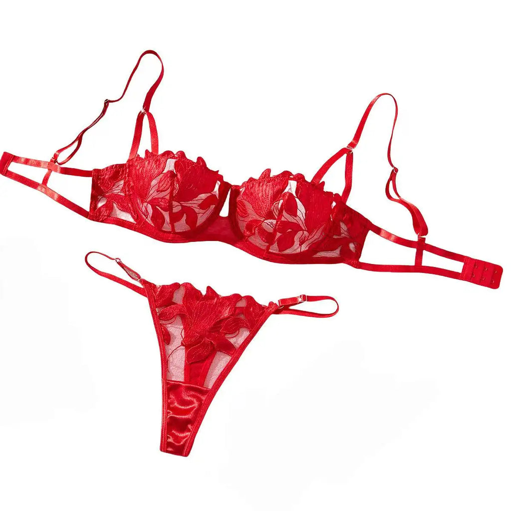 Floral Embroidery Sexy Lingerie Set Women Transparent Bralette Underwire Push Up Bra Panty 2 Piece Set
