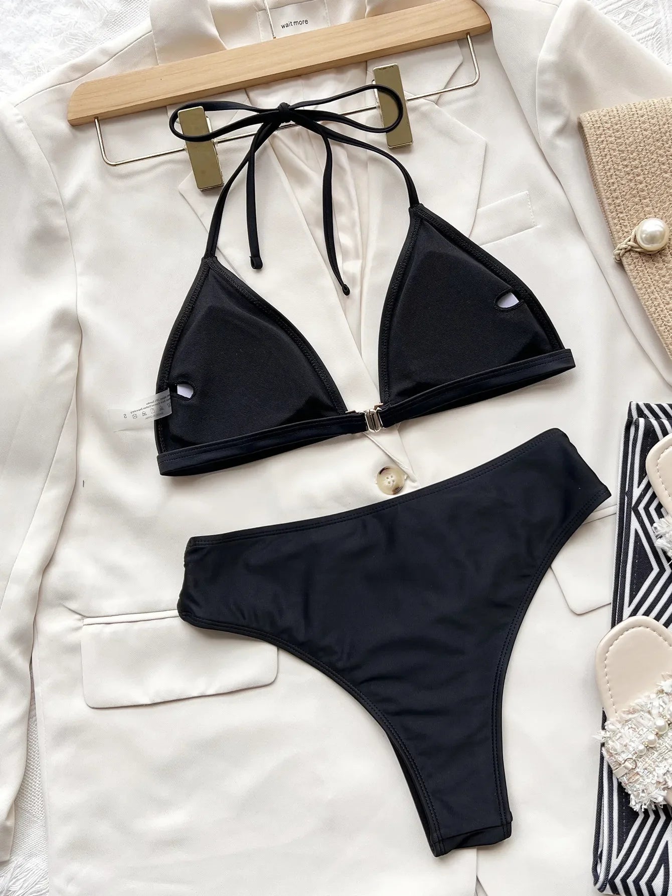 2026 New Sexy Bikini Women Black Hollow Halter Swimwear Swimsuit Bikinis Set Bathing Suit Bikini Female Push Up Rhinestone Decor