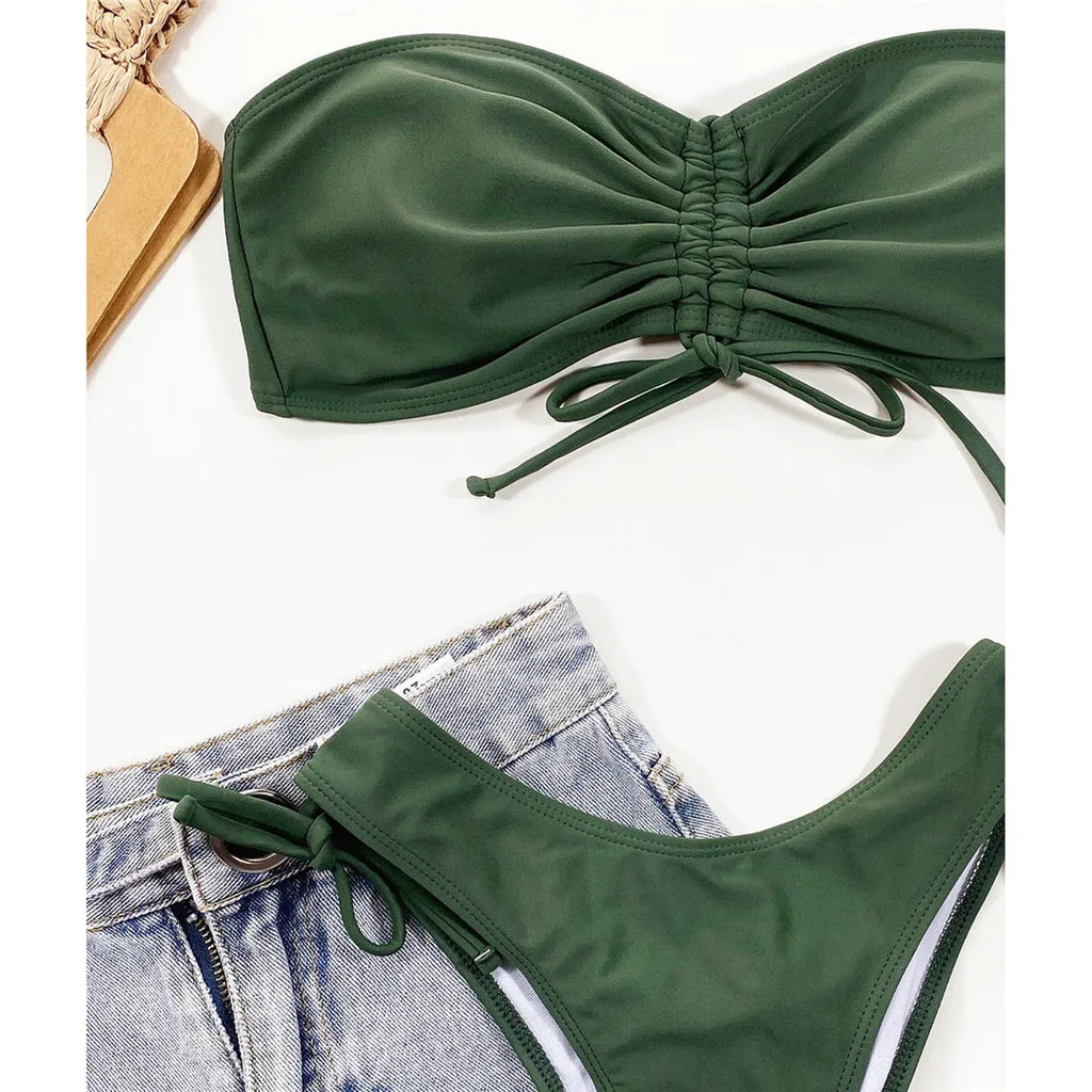 New Sexy Lace Up Scrunch Butt Bandeau Bikini Female Swimsuit Women Swimwear Two-pieces Bikini set Bather Bathing Suit Swim K3189