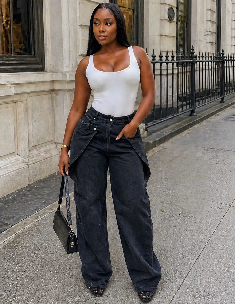 European and American style casual jeans street fashion staggered button design straight leg
