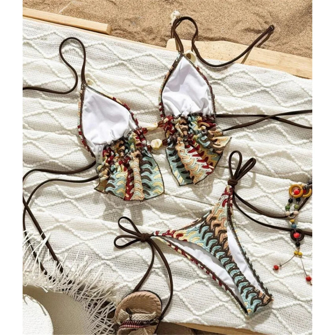 Printed Halter Tankini High Leg Cut Bikini Women Swimwear Female Swimsuit Two-Pieces Bikini Set Bather Bathing Suit Swim V7702