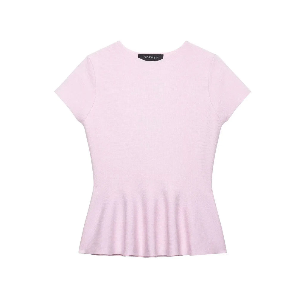 Women's Fashion Skirt Knit Top Women Pink Solid Color V Neck Short Sleeve Knit Top Hem Slim Fit Casual Elegant For Summer HFZN