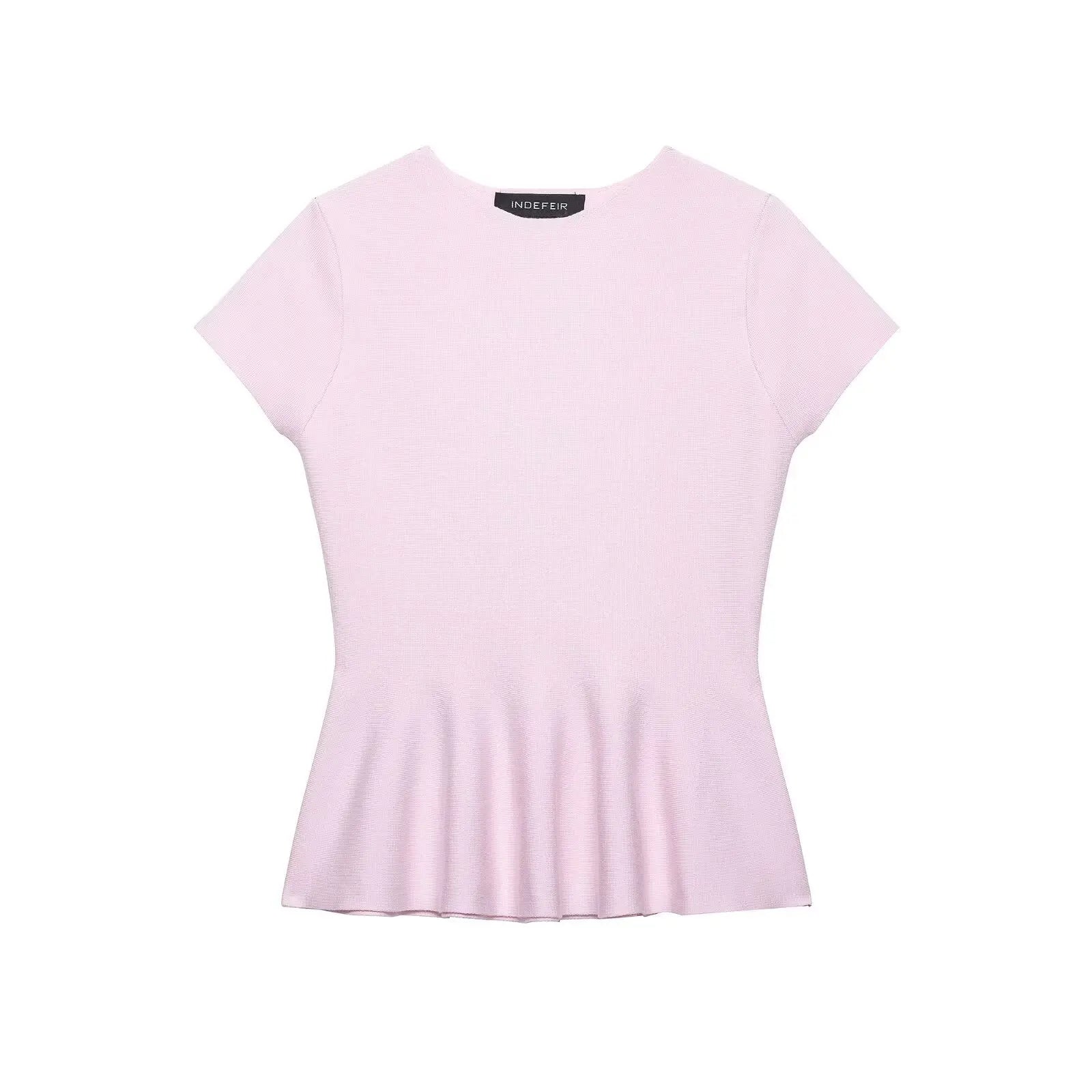 Women's Fashion Skirt Knit Top Women Pink Solid Color V Neck Short Sleeve Knit Top Hem Slim Fit Casual Elegant For Summer HFZN