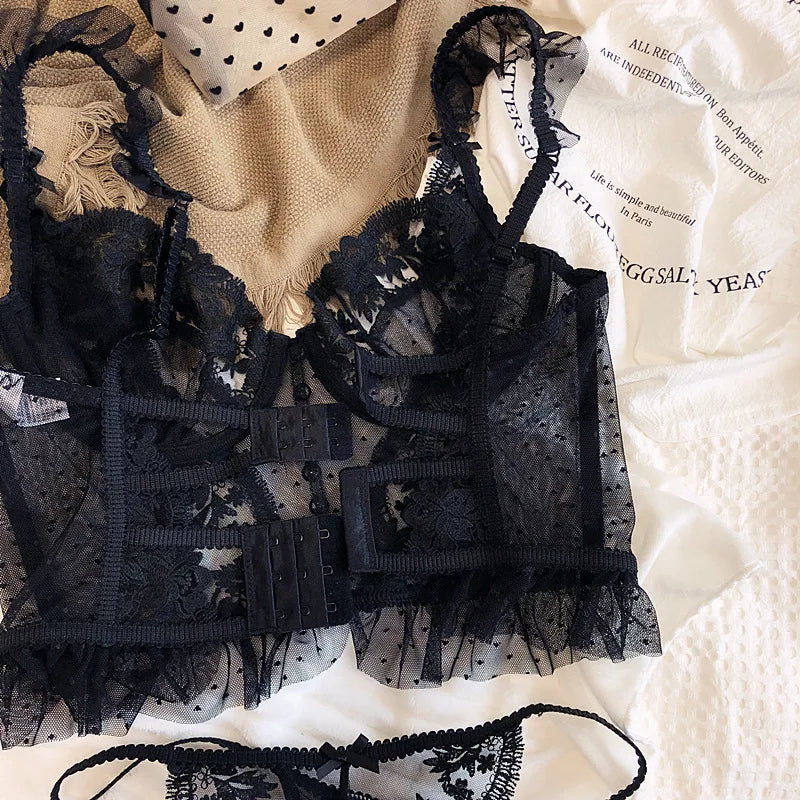 French Sexy Lingerie Set Women Ultra Thin See Through Embroidery Lace Bra & Thong Push Up Underwear Shaping Camisole Set MOYISU