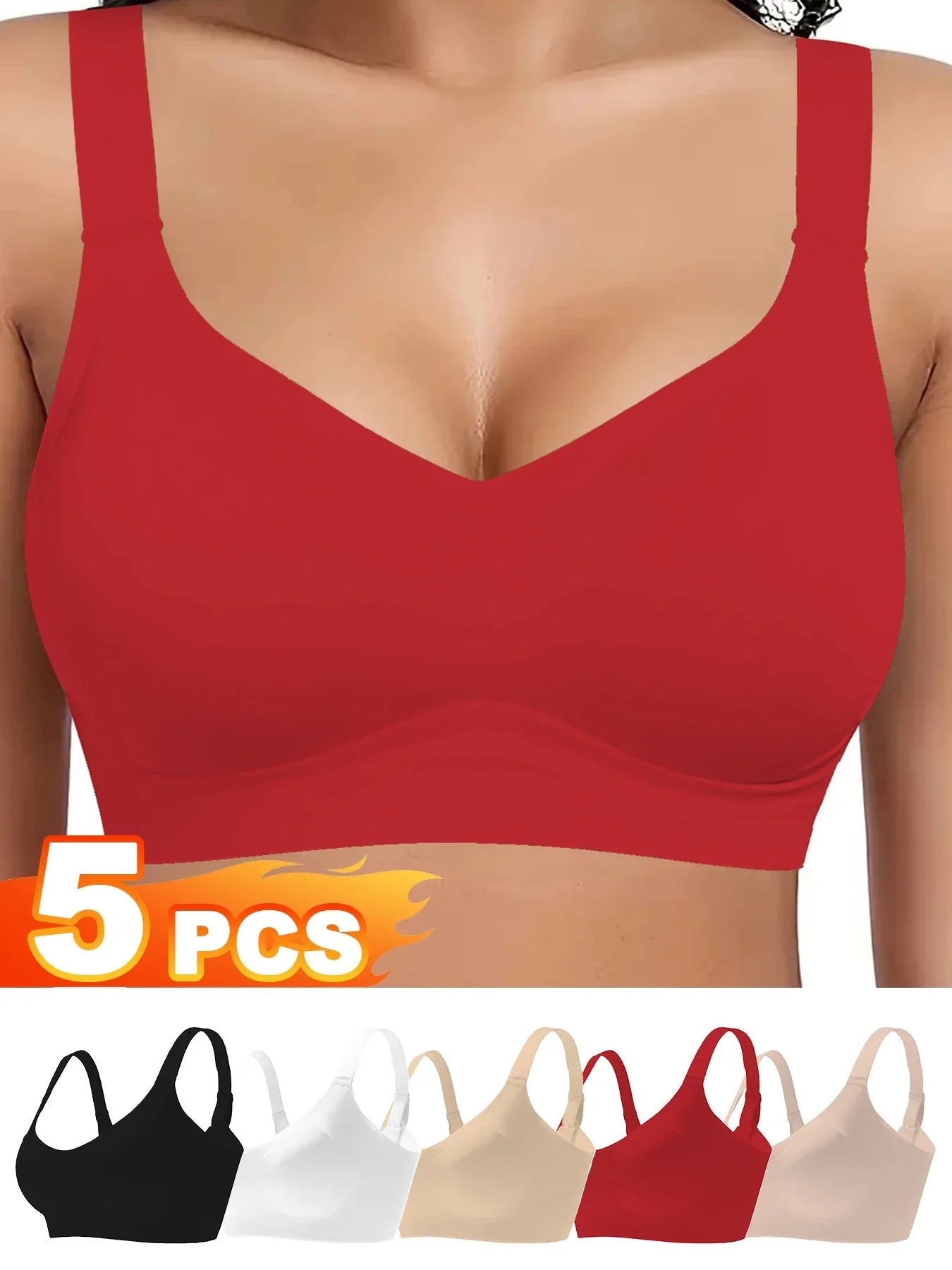 5 pcs of Color Women's Seamless Wireless Sports Bras - Soft Stretchy Push-Up Design with Removable Padding Everyday Basic Bras