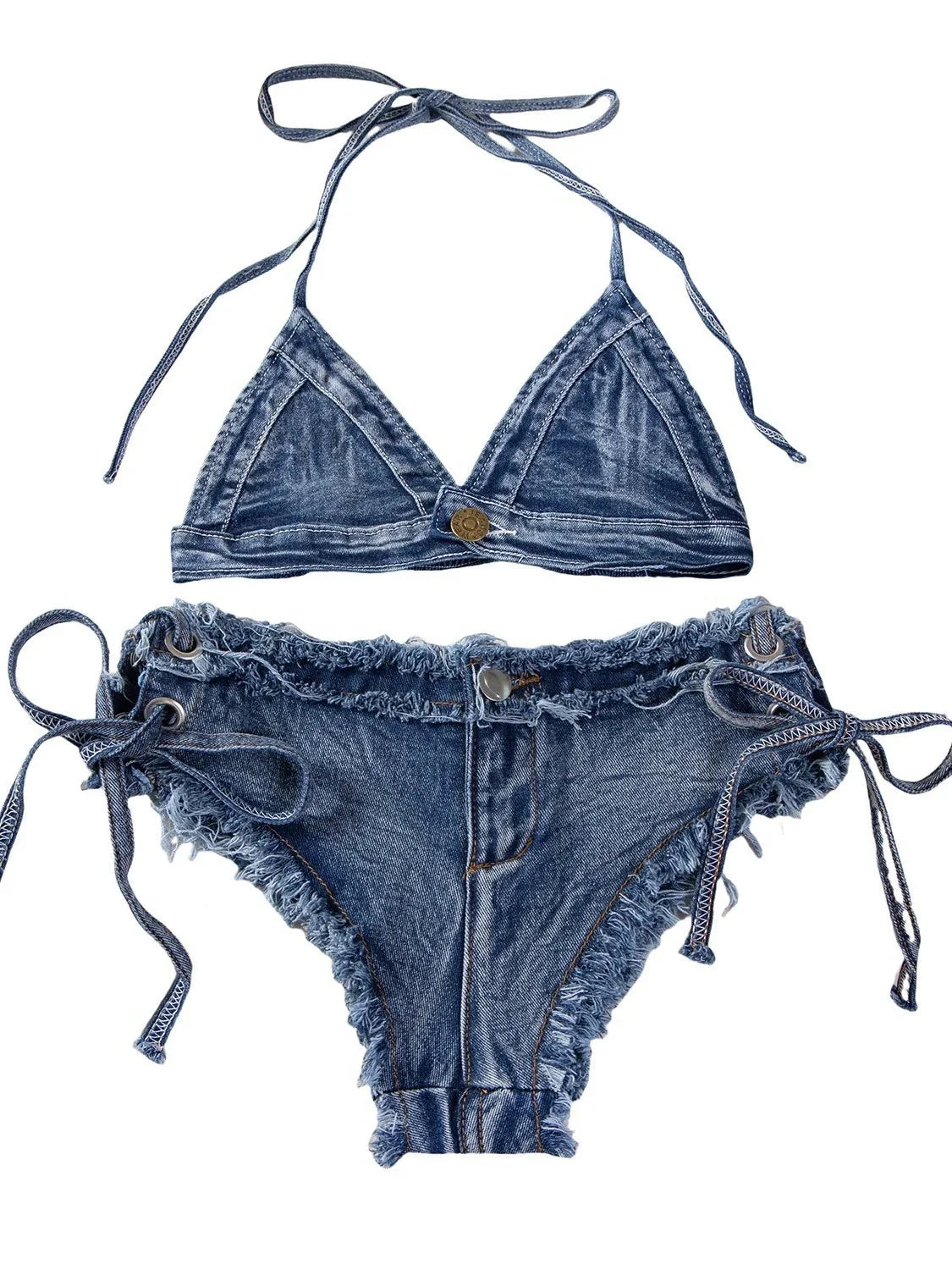 DEKA Brazilian Denim Bathing Suit Women Suits Bikini Set Lace Up Drawstring Beachwear Solid Summer Vintage Two-pieces Swimwear